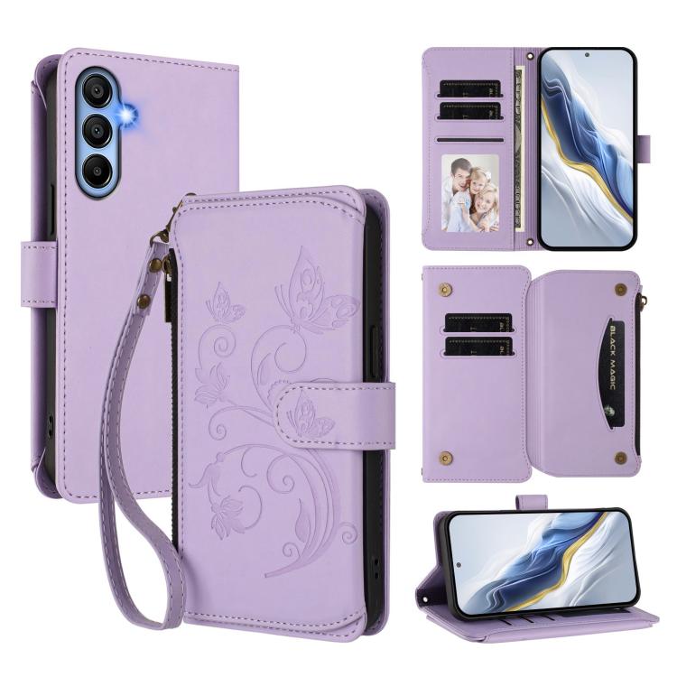 Portafoglio multi-carta con cerniera e motivo farfalla, amore e fiore, custodia per telefono in pelle, For Samsung Galaxy A05s 4G / F14 4G, For Samsung Galaxy A15 4G / 5G, For Samsung Galaxy A55 5G