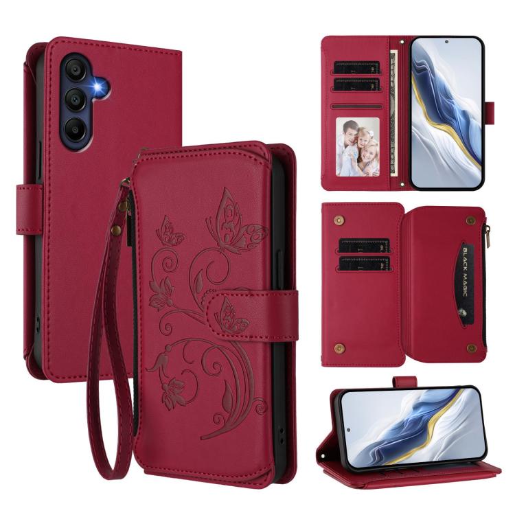 Portafoglio multi-carta con cerniera e motivo farfalla, amore e fiore, custodia per telefono in pelle, For Samsung Galaxy A36 5G / A56 5G, For Samsung Galaxy A05 4G / M05 4G, For Samsung Galaxy A16 4G / 5G
