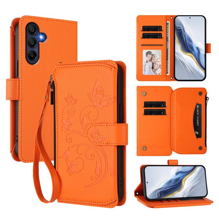 Portafoglio multi-carta con cerniera e motivo farfalla, amore e fiore, custodia per telefono in pelle, For Samsung Galaxy A36 5G / A56 5G, For Samsung Galaxy A05 4G / M05 4G, For Samsung Galaxy A16 4G / 5G