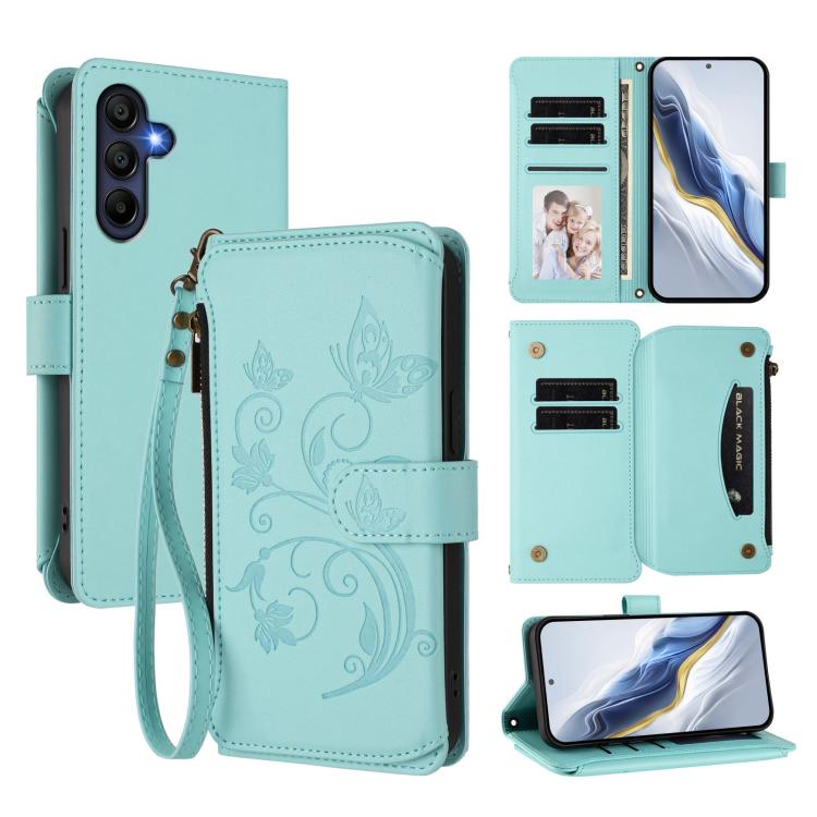 Portafoglio multi-carta con cerniera e motivo farfalla, amore e fiore, custodia per telefono in pelle, For Samsung Galaxy A36 5G / A56 5G, For Samsung Galaxy A05 4G / M05 4G, For Samsung Galaxy A16 4G / 5G