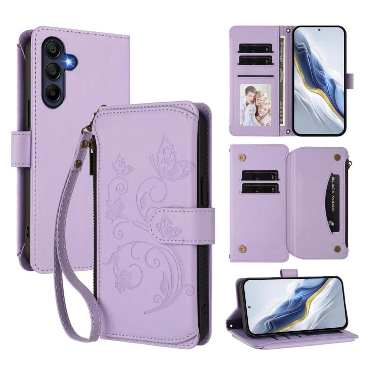 Portafoglio multi-carta con cerniera e motivo farfalla, amore e fiore, custodia per telefono in pelle, For Samsung Galaxy A36 5G / A56 5G, For Samsung Galaxy A05 4G / M05 4G, For Samsung Galaxy A16 4G / 5G
