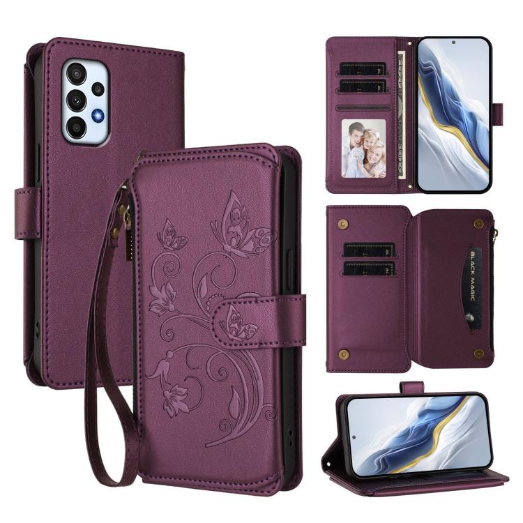 Portafoglio multi-carta con cerniera e motivo farfalla, amore e fiore, custodia per telefono in pelle, For Samsung Galaxy A23 4G / 5G / M23 5G, For Samsung Galaxy A04e 4G / M04 4G, For Samsung Galaxy A14 4G / 5G