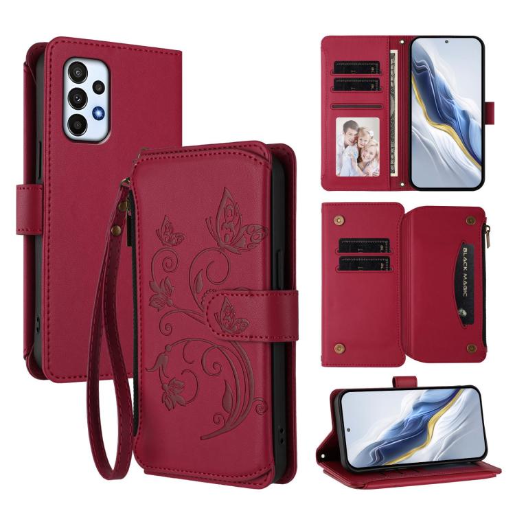 Portafoglio multi-carta con cerniera e motivo farfalla, amore e fiore, custodia per telefono in pelle, For Samsung Galaxy A23 4G / 5G / M23 5G, For Samsung Galaxy A04e 4G / M04 4G, For Samsung Galaxy A14 4G / 5G