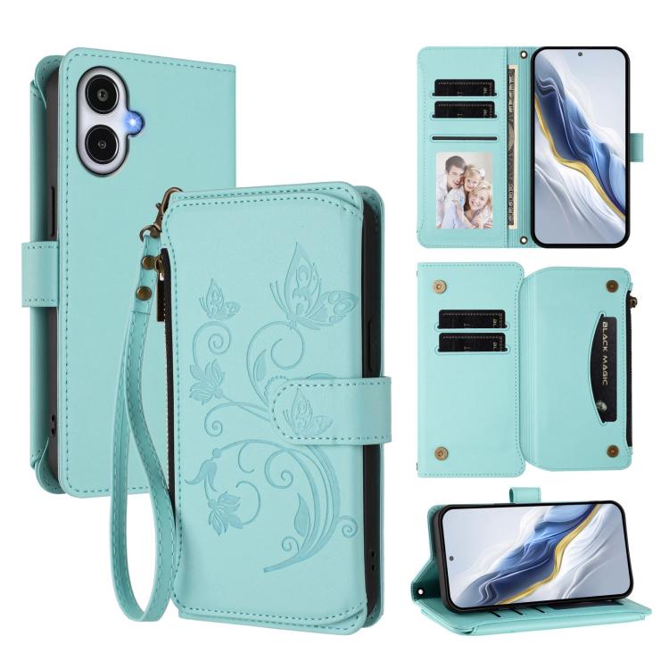Portafoglio multi-carta con cerniera e motivo farfalla, amore e fiore, custodia per telefono in pelle, For Samsung Galaxy A25e / A25 5G JP, For Samsung Galaxy A17 / A26 5G, For Samsung Galaxy A07 4G / A06 4G / 5G