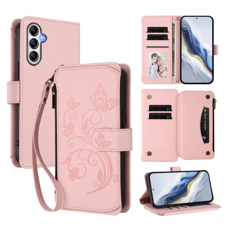 Portafoglio multi-carta con cerniera e motivo farfalla, amore e fiore, custodia per telefono in pelle, For Samsung Galaxy A34 5G, For Samsung Galaxy A54 5G, For Samsung Galaxy A13 4G / 5G / A04 4G