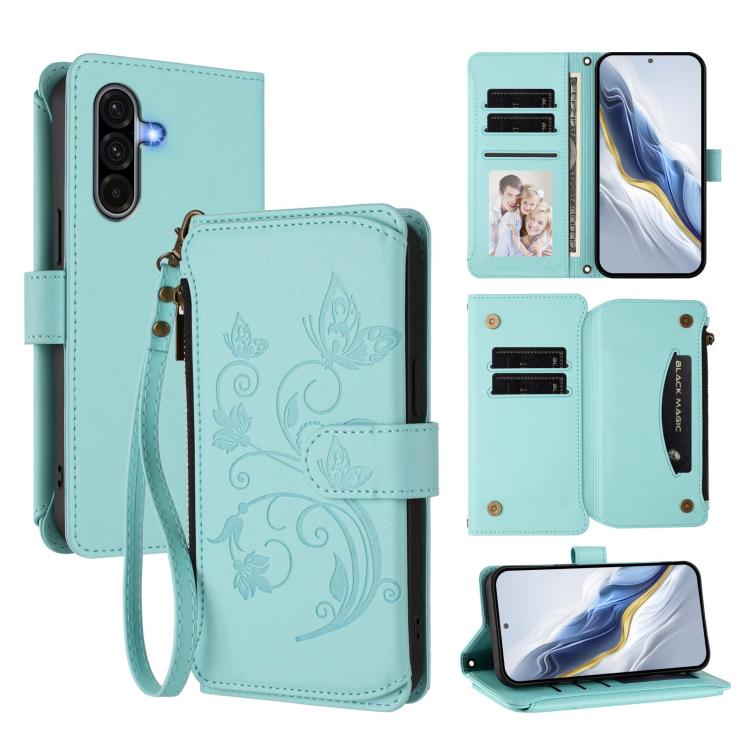 Portafoglio multi-carta con cerniera e motivo farfalla, amore e fiore, custodia per telefono in pelle, For Samsung Galaxy A36 5G / A56 5G, For Samsung Galaxy A05 4G / M05 4G, For Samsung Galaxy A16 4G / 5G