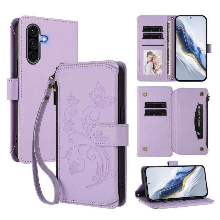Portafoglio multi-carta con cerniera e motivo farfalla, amore e fiore, custodia per telefono in pelle, For Samsung Galaxy A36 5G / A56 5G, For Samsung Galaxy A05 4G / M05 4G, For Samsung Galaxy A16 4G / 5G