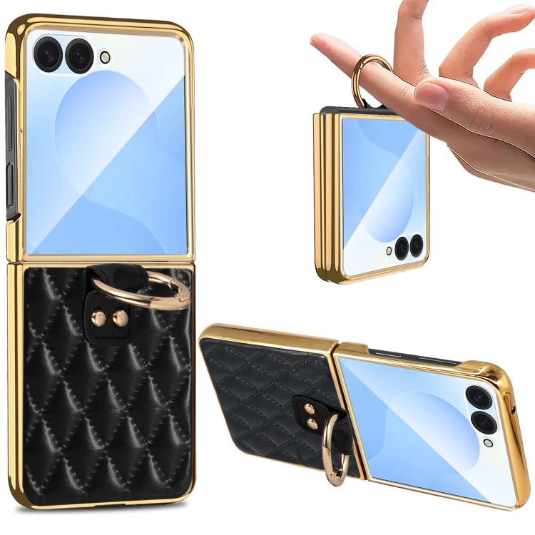 Custodia per telefono VIETAO con anello in metallo e motivo a diamante in pelle PU, For Samsung Galaxy Z Flip7