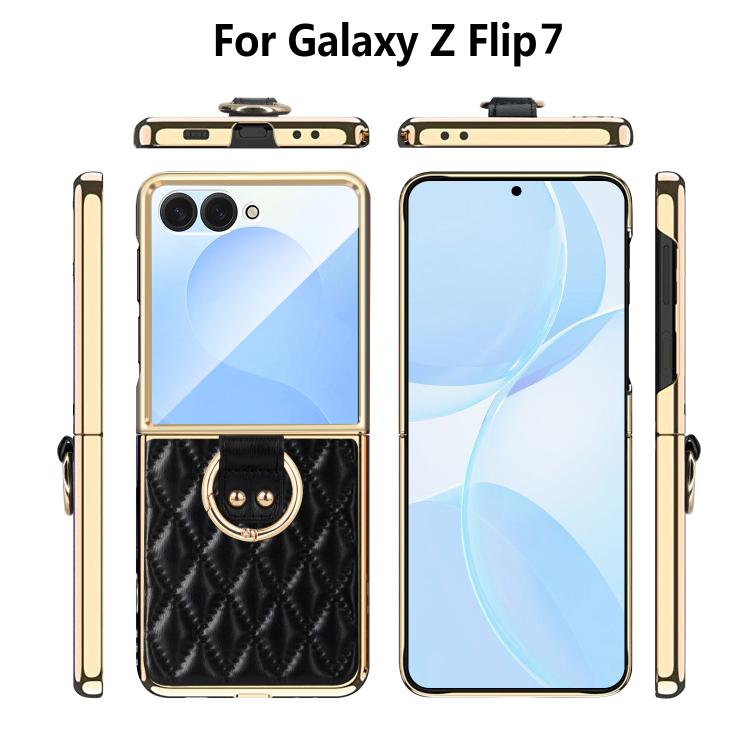 Custodia per telefono VIETAO con anello in metallo e motivo a diamante in pelle PU, For Samsung Galaxy Z Flip7