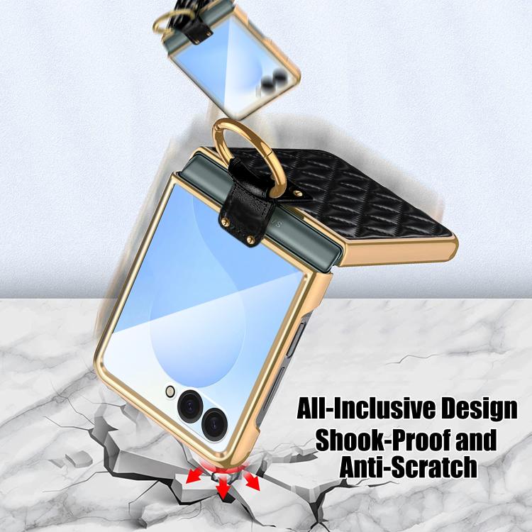 Custodia per telefono VIETAO con anello in metallo e motivo a diamante in pelle PU, For Samsung Galaxy Z Flip7