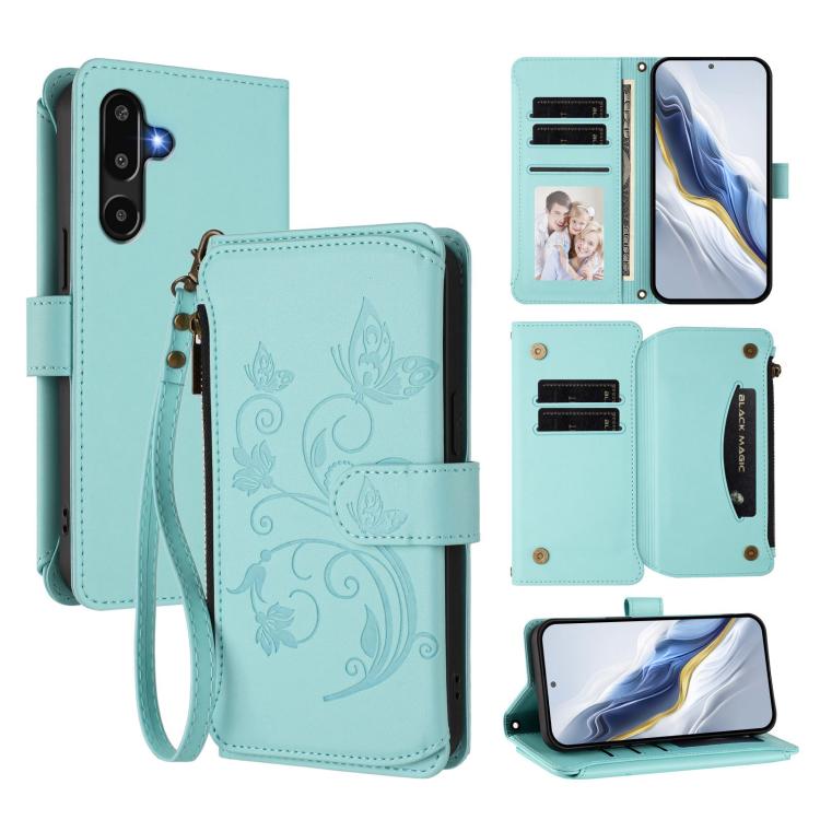 Portafoglio multi-carta con cerniera e motivo farfalla, amore e fiore, custodia per telefono in pelle, For Samsung Galaxy M56 5G, For Samsung Galaxy M16 5G / F16 5G, For Samsung Galaxy M06 5G / F06 5G