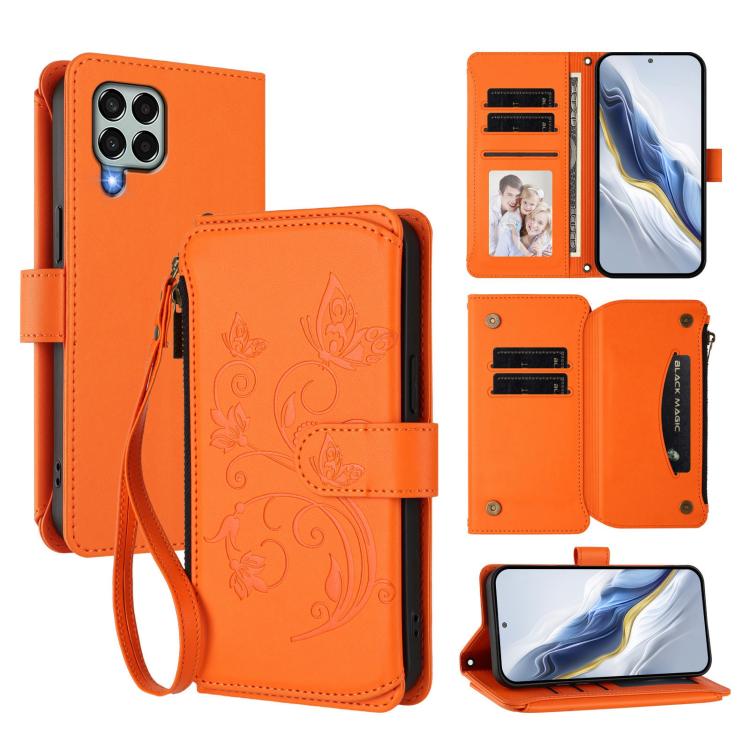 Portafoglio multi-carta con cerniera e motivo farfalla, amore e fiore, custodia per telefono in pelle, For Samsung Galaxy M53 5G, For Samsung Galaxy M33 5G