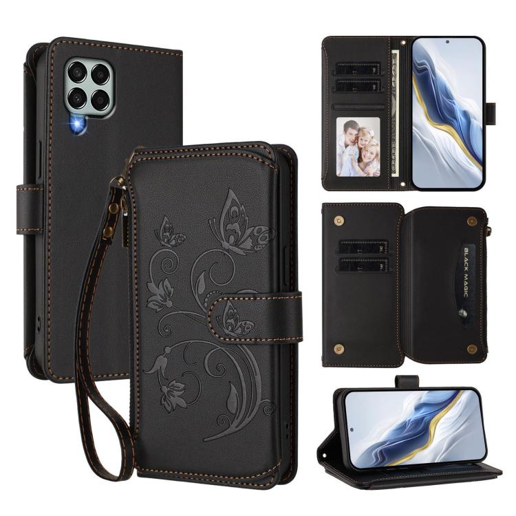 Portafoglio multi-carta con cerniera e motivo farfalla, amore e fiore, custodia per telefono in pelle, For Samsung Galaxy M53 5G, For Samsung Galaxy M33 5G