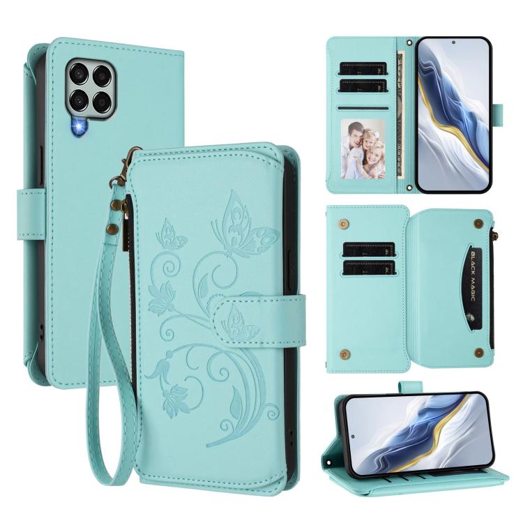 Portafoglio multi-carta con cerniera e motivo farfalla, amore e fiore, custodia per telefono in pelle, For Samsung Galaxy M53 5G, For Samsung Galaxy M33 5G