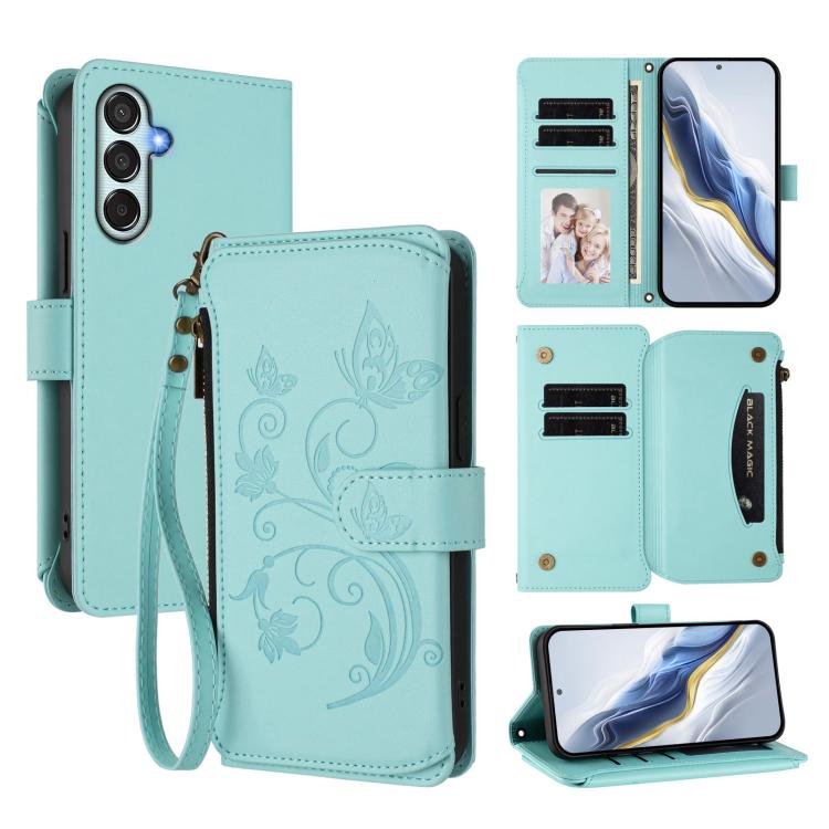 Portafoglio multi-carta con cerniera e motivo farfalla, amore e fiore, custodia per telefono in pelle, For Samsung Galaxy M15 5G / F15 5G, For Samsung Galaxy XCover7 5G, For Samsung Galaxy M34 5G / F34 5G
