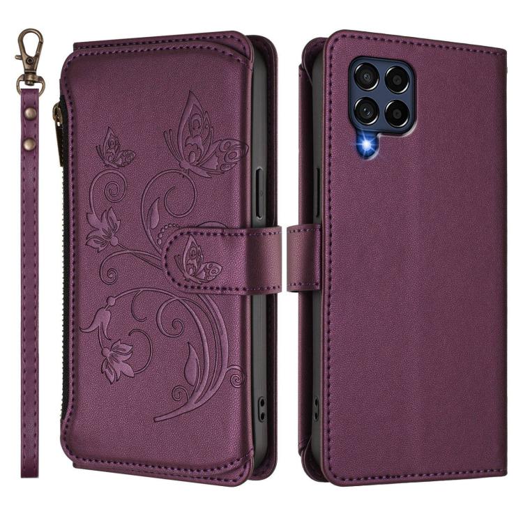 Portafoglio multi-carta con cerniera e motivo farfalla, amore e fiore, custodia per telefono in pelle, For Samsung Galaxy M53 5G, For Samsung Galaxy M33 5G