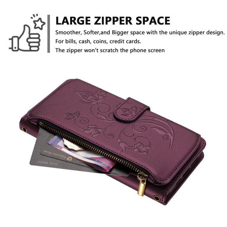 Portafoglio multi-carta con cerniera e motivo farfalla, amore e fiore, custodia per telefono in pelle, For Samsung Galaxy M53 5G, For Samsung Galaxy M33 5G