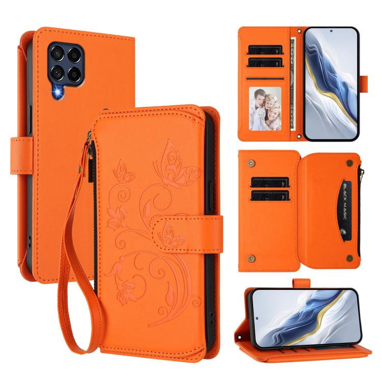 Portafoglio multi-carta con cerniera e motivo farfalla, amore e fiore, custodia per telefono in pelle, For Samsung Galaxy M53 5G, For Samsung Galaxy M33 5G
