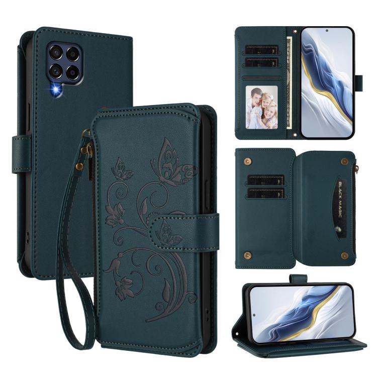Portafoglio multi-carta con cerniera e motivo farfalla, amore e fiore, custodia per telefono in pelle, For Samsung Galaxy M53 5G, For Samsung Galaxy M33 5G