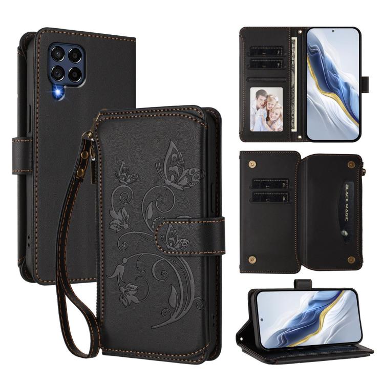 Portafoglio multi-carta con cerniera e motivo farfalla, amore e fiore, custodia per telefono in pelle, For Samsung Galaxy M53 5G, For Samsung Galaxy M33 5G
