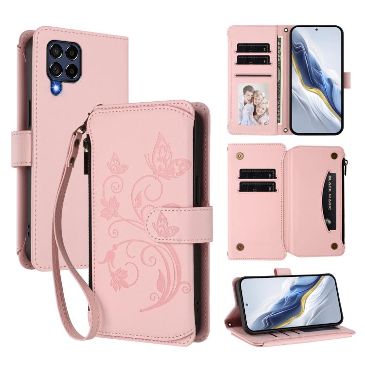 Portafoglio multi-carta con cerniera e motivo farfalla, amore e fiore, custodia per telefono in pelle, For Samsung Galaxy M53 5G, For Samsung Galaxy M33 5G