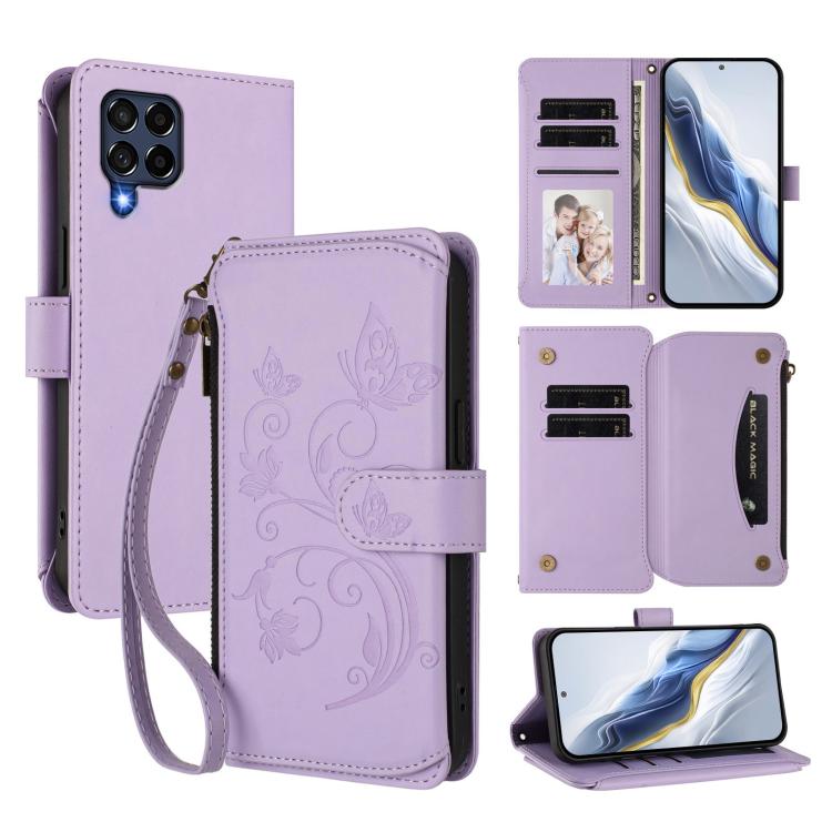 Portafoglio multi-carta con cerniera e motivo farfalla, amore e fiore, custodia per telefono in pelle, For Samsung Galaxy M53 5G, For Samsung Galaxy M33 5G