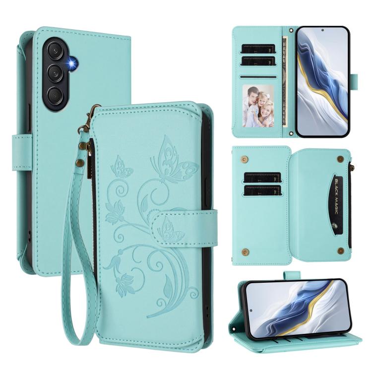 Portafoglio multi-carta con cerniera e motivo farfalla, amore e fiore, custodia per telefono in pelle, For Samsung Galaxy M54 5G / F54 5G, For Samsung Galaxy M14 5G, For Samsung Galaxy XCover6 Pro
