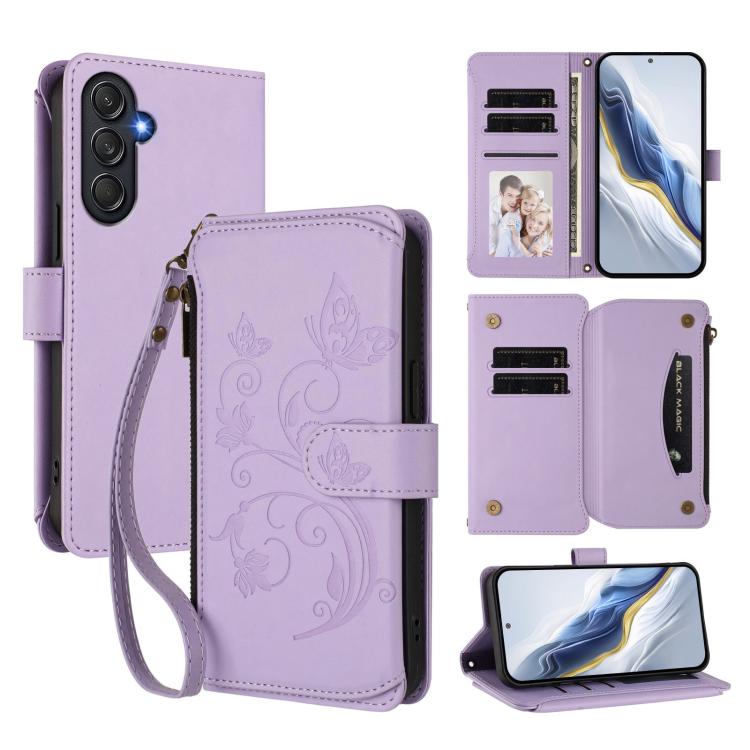 Portafoglio multi-carta con cerniera e motivo farfalla, amore e fiore, custodia per telefono in pelle, For Samsung Galaxy M35 5G, For Samsung Galaxy M55 / C55, For Samsung Galaxy XCover7 Pro