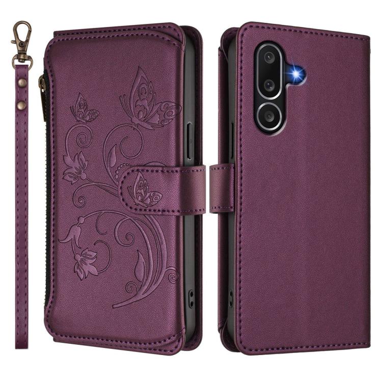 Portafoglio multi-carta con cerniera e motivo farfalla, amore e fiore, custodia per telefono in pelle, For Samsung Galaxy M56 5G, For Samsung Galaxy M16 5G / F16 5G, For Samsung Galaxy M06 5G / F06 5G