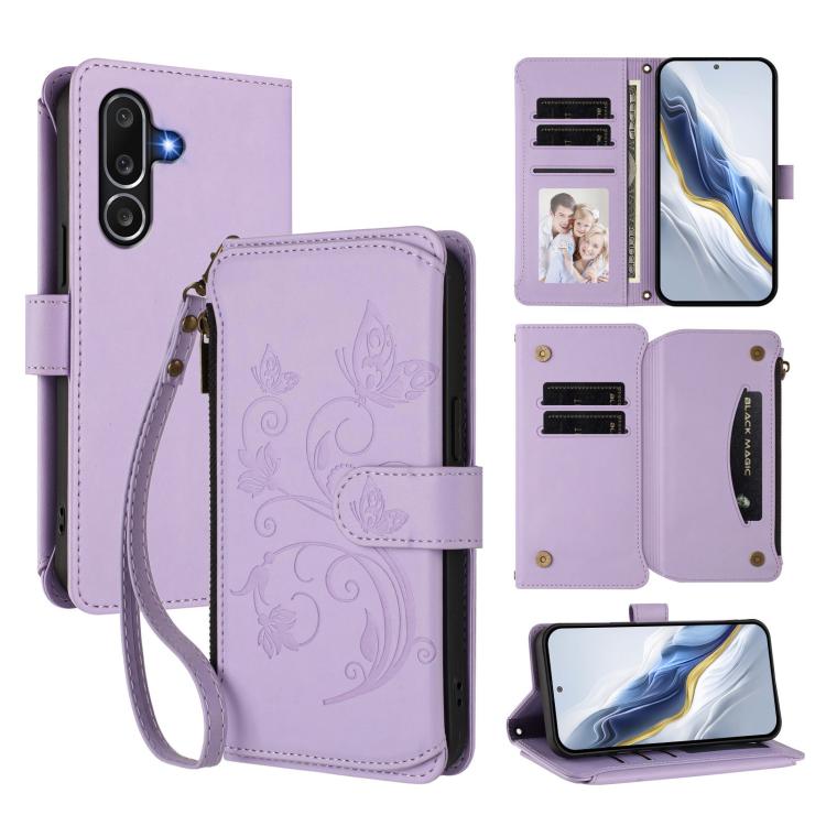Portafoglio multi-carta con cerniera e motivo farfalla, amore e fiore, custodia per telefono in pelle, For Samsung Galaxy M56 5G, For Samsung Galaxy M16 5G / F16 5G, For Samsung Galaxy M06 5G / F06 5G