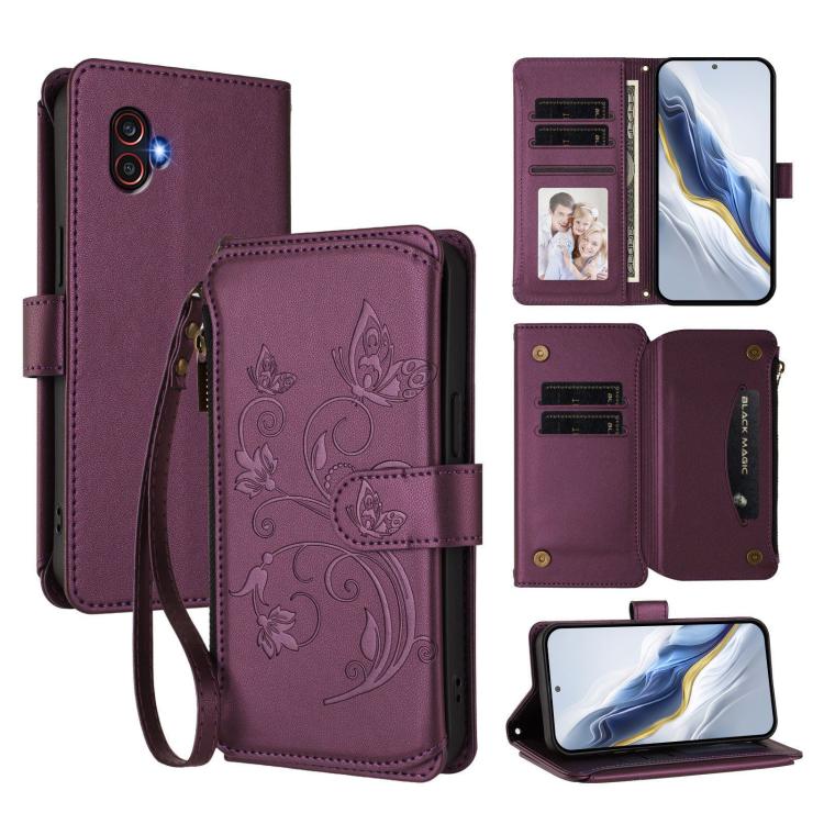 Portafoglio multi-carta con cerniera e motivo farfalla, amore e fiore, custodia per telefono in pelle, For Samsung Galaxy M54 5G / F54 5G, For Samsung Galaxy M14 5G, For Samsung Galaxy XCover6 Pro