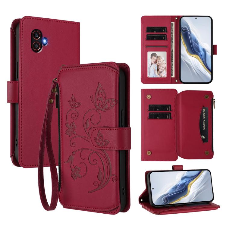 Portafoglio multi-carta con cerniera e motivo farfalla, amore e fiore, custodia per telefono in pelle, For Samsung Galaxy M54 5G / F54 5G, For Samsung Galaxy M14 5G, For Samsung Galaxy XCover6 Pro