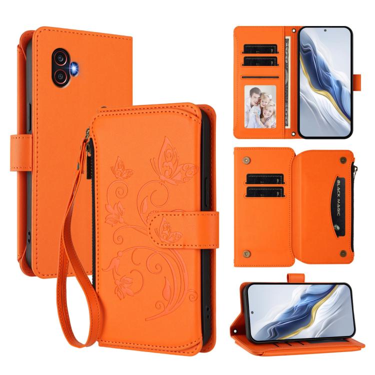 Portafoglio multi-carta con cerniera e motivo farfalla, amore e fiore, custodia per telefono in pelle, For Samsung Galaxy M54 5G / F54 5G, For Samsung Galaxy M14 5G, For Samsung Galaxy XCover6 Pro