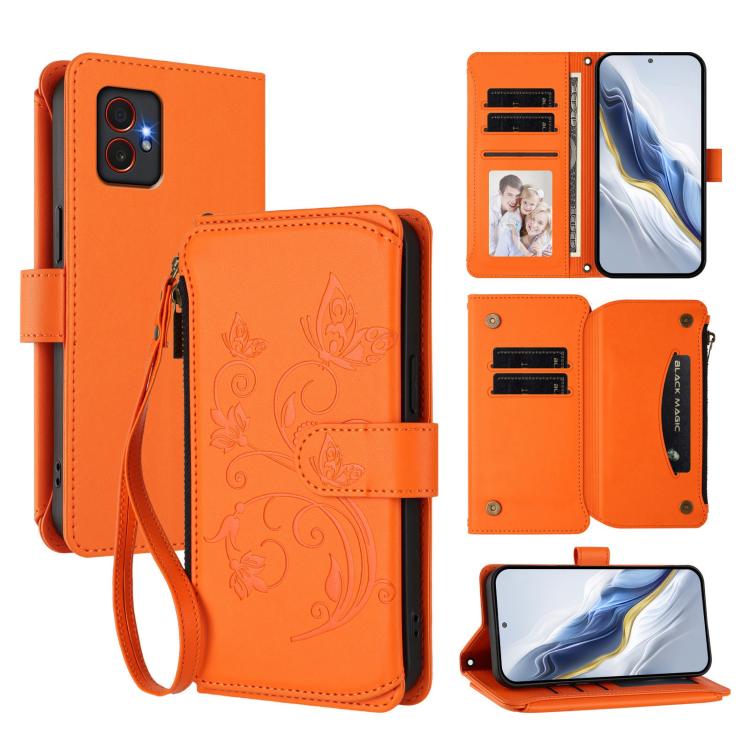 Portafoglio multi-carta con cerniera e motivo farfalla, amore e fiore, custodia per telefono in pelle, For Samsung Galaxy M35 5G, For Samsung Galaxy M55 / C55, For Samsung Galaxy XCover7 Pro