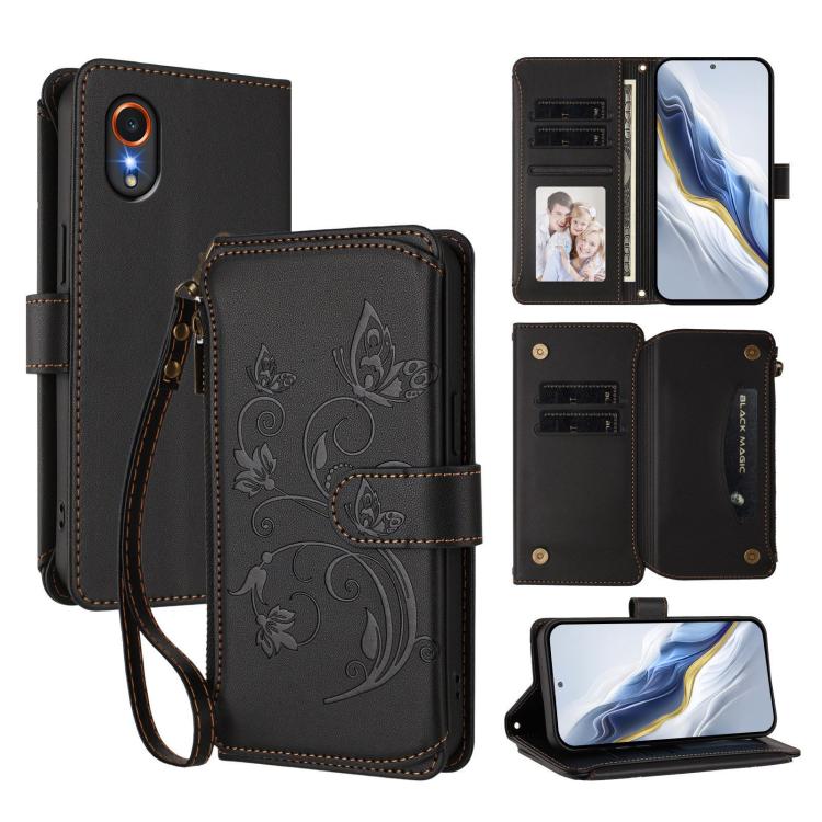 Portafoglio multi-carta con cerniera e motivo farfalla, amore e fiore, custodia per telefono in pelle, For Samsung Galaxy M15 5G / F15 5G, For Samsung Galaxy XCover7 5G, For Samsung Galaxy M34 5G / F34 5G
