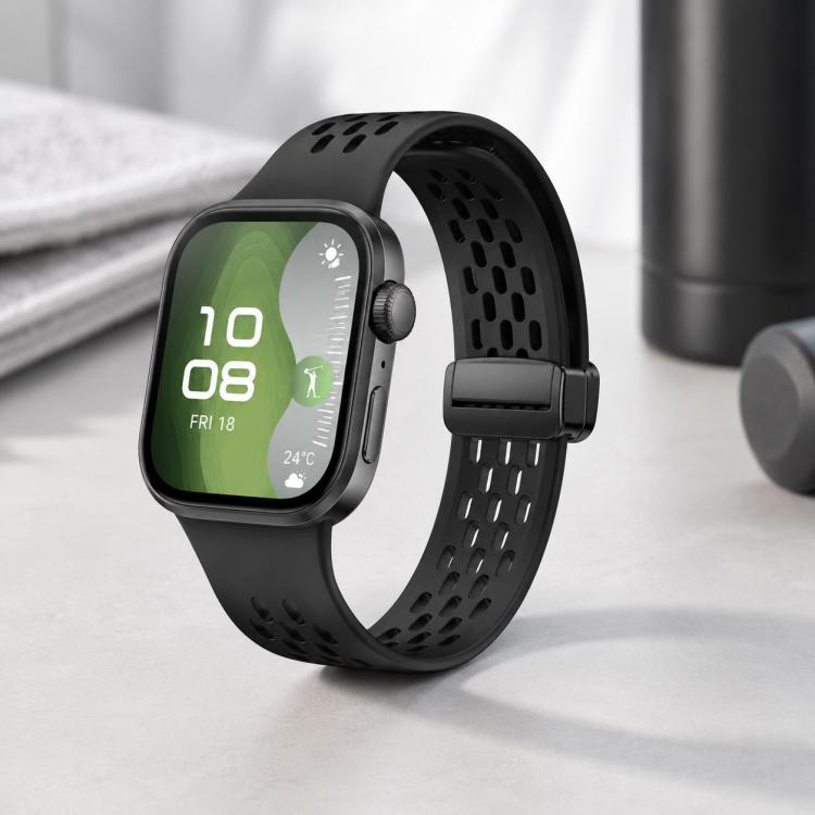 Cinturino per orologio in silicone nero con fibbia magnetica stile foro xDfind, For Huawei Watch Fit4 Pro / Fit4 / Fit3