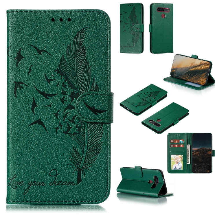 Custodia portafoglio in pelle con motivo piume per LG K51S
