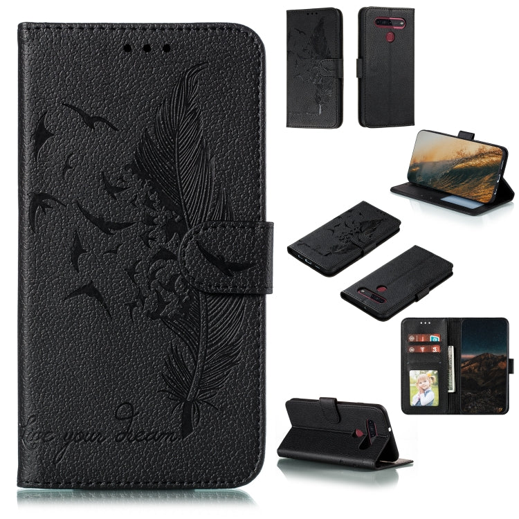 Custodia portafoglio in pelle con motivo piume per LG K51S