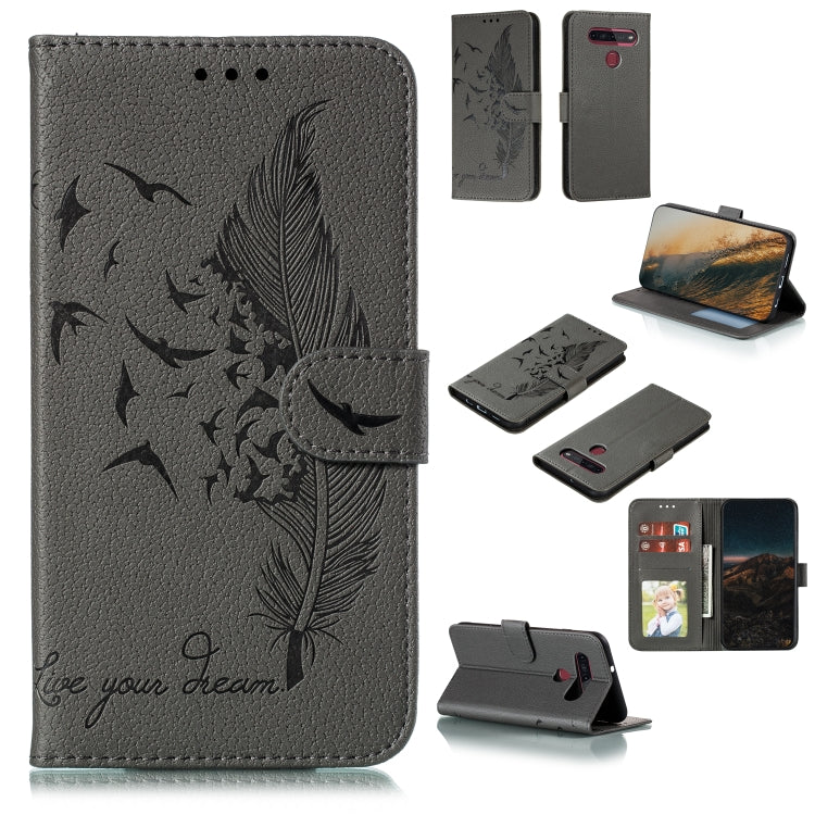Custodia portafoglio in pelle con motivo piume per LG K51S