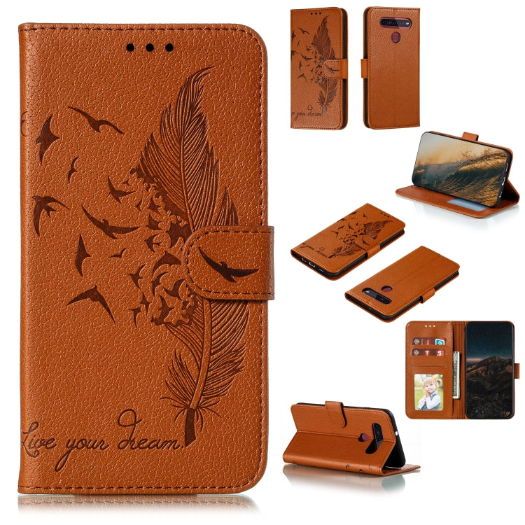 Custodia portafoglio in pelle con motivo piume per LG K51S