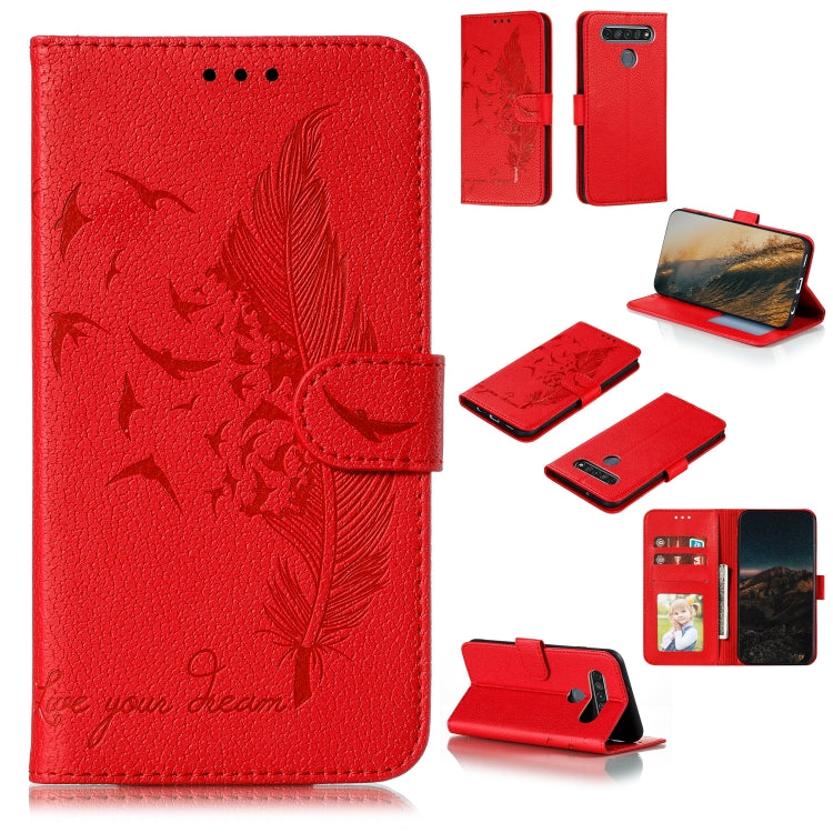 Custodia portafoglio in pelle con motivo piume per LG K51S