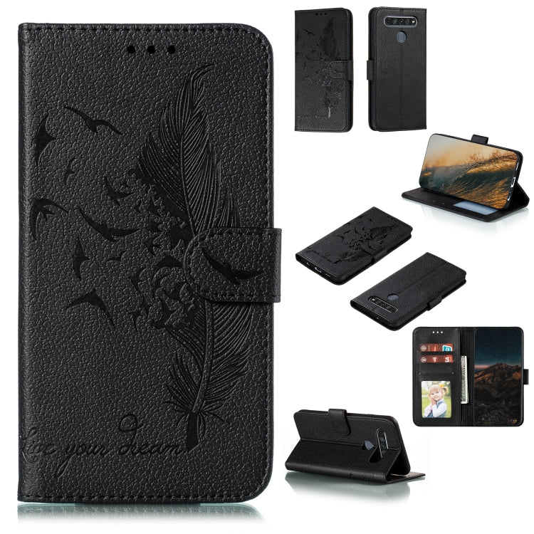 Custodia portafoglio in pelle con motivo piume per LG K51S