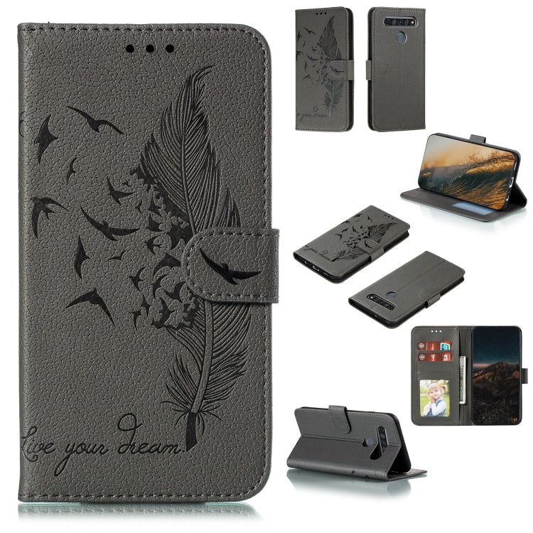 Custodia portafoglio in pelle con motivo piume per LG K51S