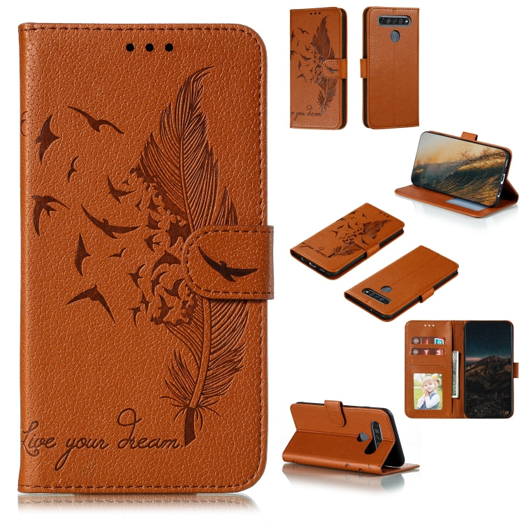 Custodia portafoglio in pelle con motivo piume per LG K51S