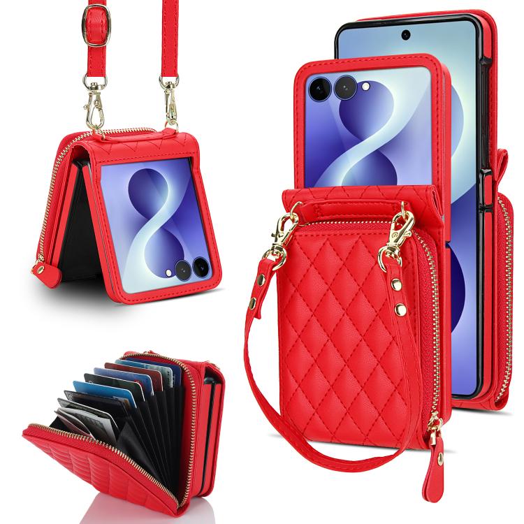 Ampia custodia per telefono in pelle con cerniera, scomparto per carte di credito e tracolla., For Galaxy Z Flip8 5G, For Samsung Galaxy Z Flip7 5G