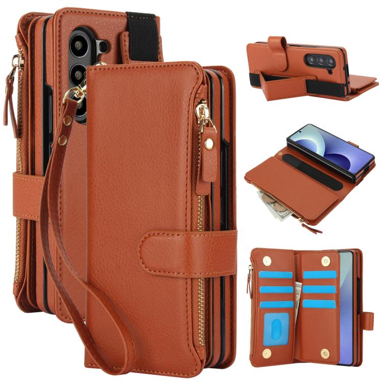 Portafoglio da polso in pelle pieghevole a tinta unita con cordino per cellulare., For Galaxy Z Fold8 Ultra, For Samsung Galaxy Z Fold7