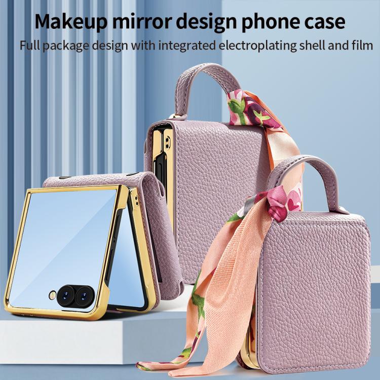 Specchietto per il trucco con motivo litchi e custodia per telefono in PU con foulard di seta, For Galaxy Z Flip8 5G, For Samsung Galaxy Z Flip7