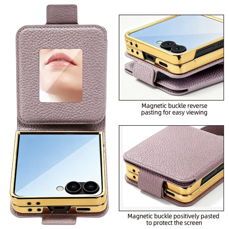 Specchietto per il trucco con motivo litchi e custodia per telefono in PU con foulard di seta, For Galaxy Z Flip8 5G, For Samsung Galaxy Z Flip7