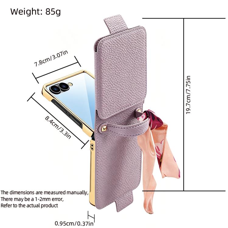 Specchietto per il trucco con motivo litchi e custodia per telefono in PU con foulard di seta, For Galaxy Z Flip8 5G, For Samsung Galaxy Z Flip7