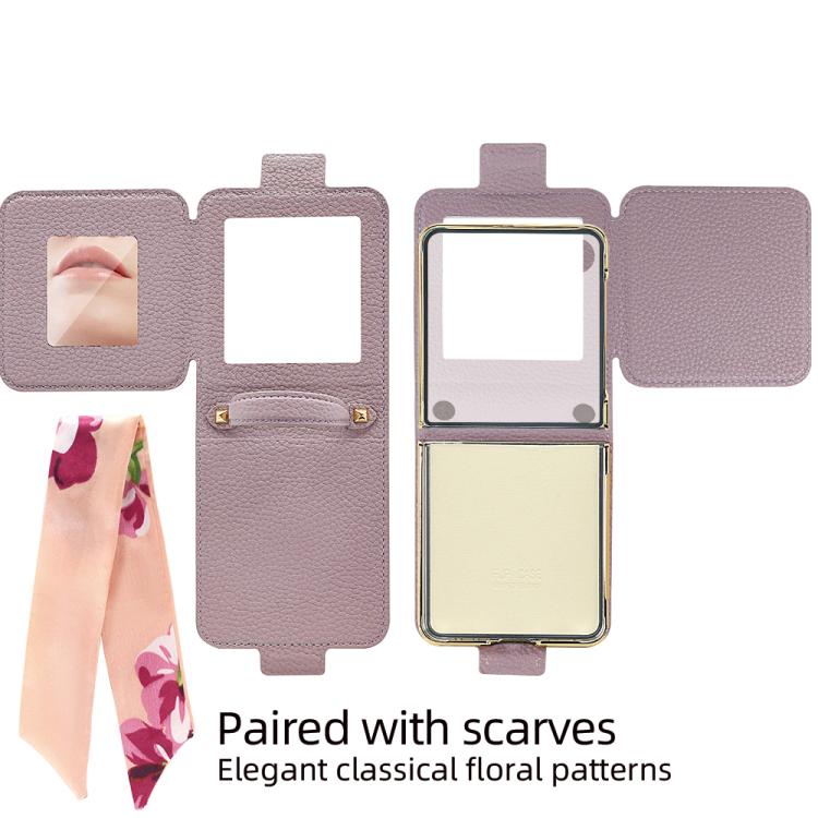 Specchietto per il trucco con motivo litchi e custodia per telefono in PU con foulard di seta, For Galaxy Z Flip8 5G, For Samsung Galaxy Z Flip7